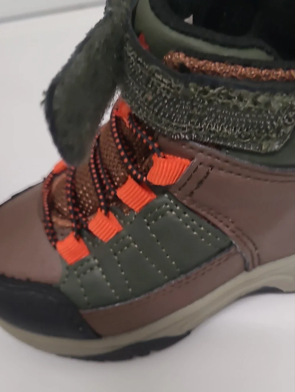 Ozark Trail Olive Green and Brown Kids Outdoor Boots with Orange Accents
